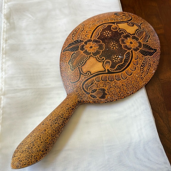 Exotic wood Java Batik Wooden Hand painted vanity hand held Mirror - Picture 1 of 8